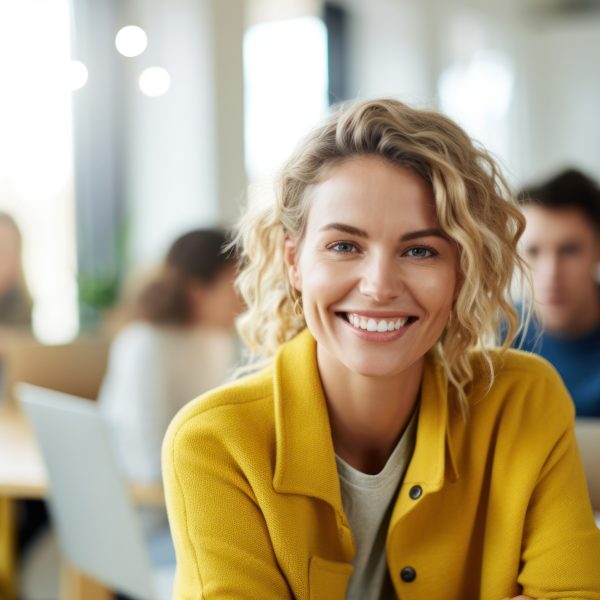 Executive businesswoman looking at camera and smiling while sitting at office desk and working
