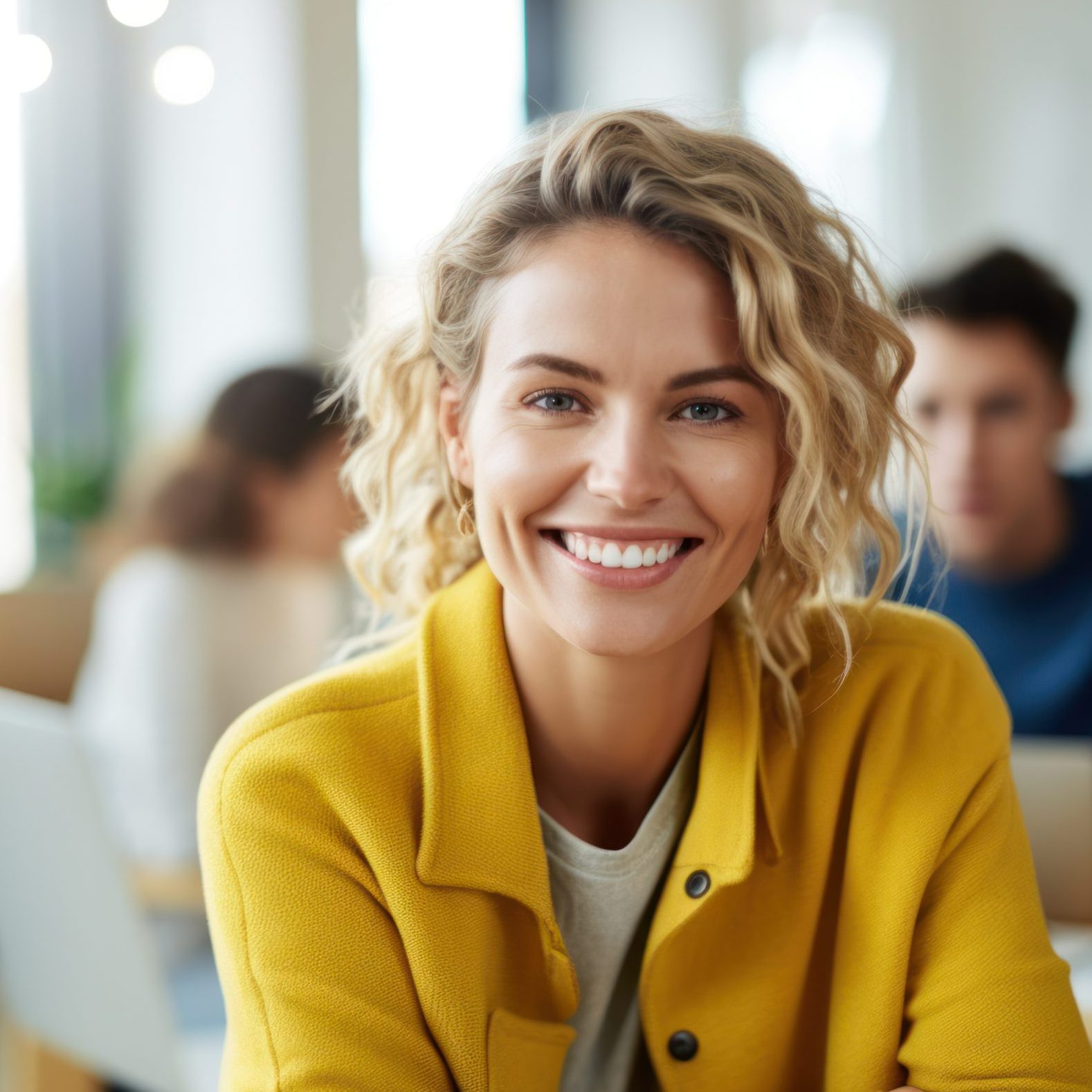 Executive businesswoman looking at camera and smiling while sitting at office desk and working