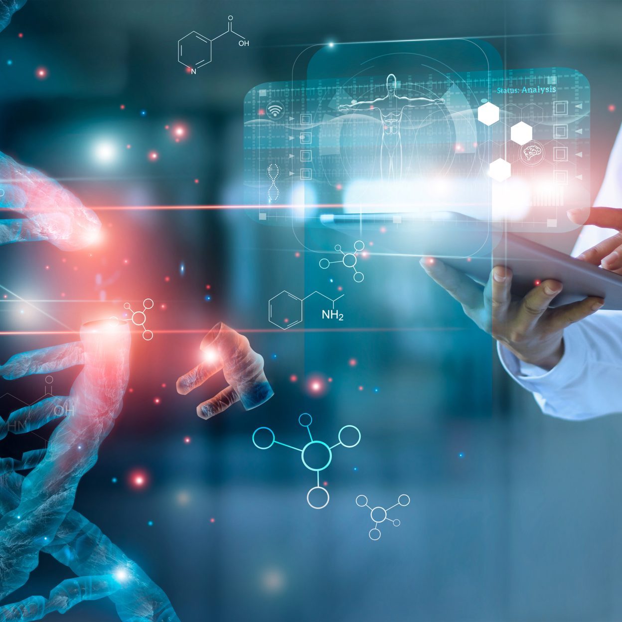 Abstract luminous DNA molecule. Doctor using tablet and check with analysis chromosome DNA genetic of human on virtual interface. Medicine. Medical science and biotechnology.