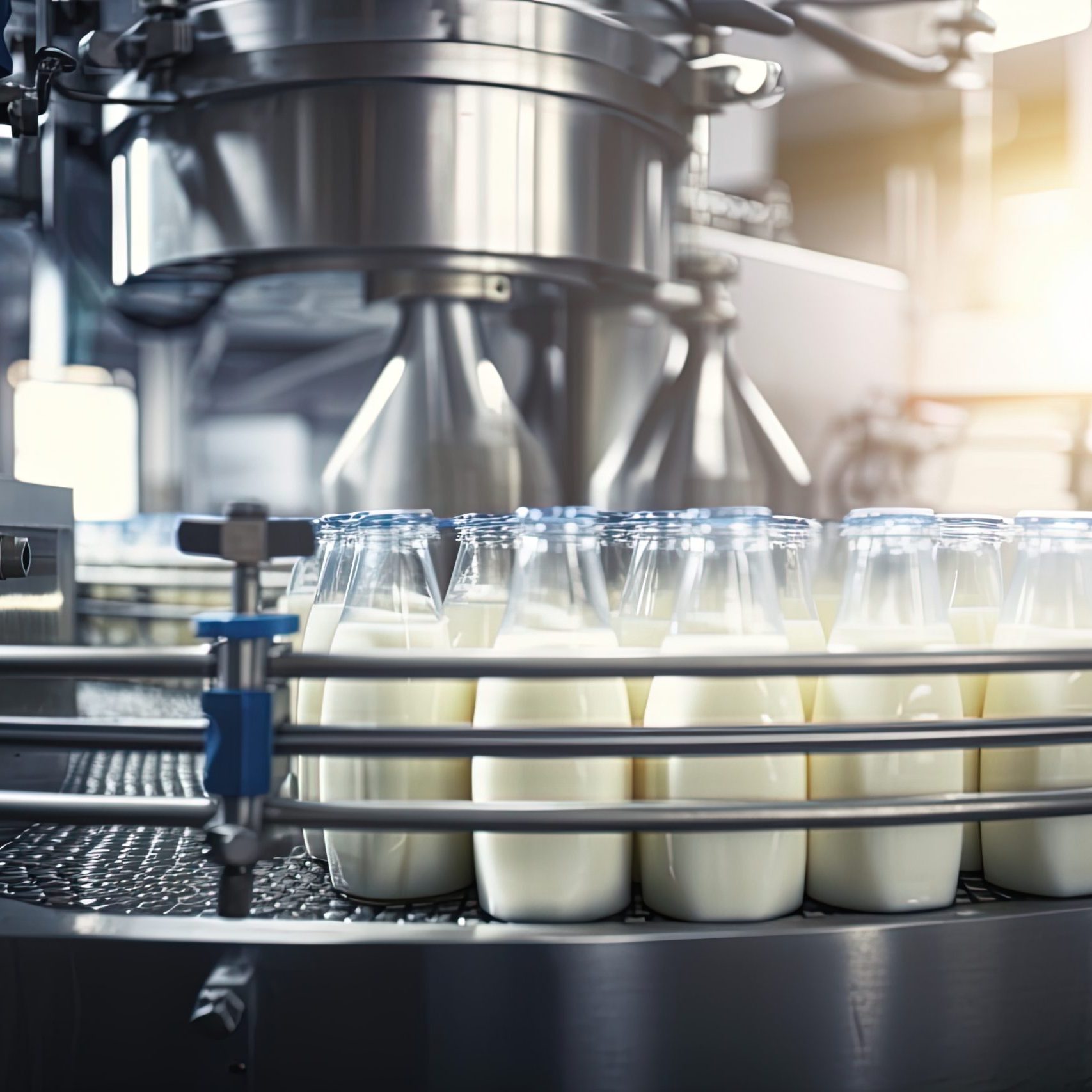 Bottling line of milk in bottles. Modern dairy production plant. Industrial banner background. Generative AI.